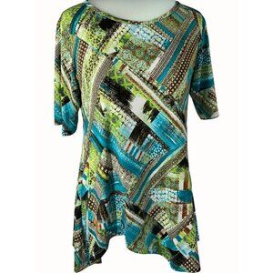 N Touch Womens Multicolor Patchwork Print Short Sleeve Blouse Size Small